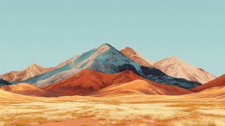 Explore a stunning landscape featuring majestic mountains and vibrant grasslands under a clear blue sky, perfect for outdoor and adventure photography.の素材