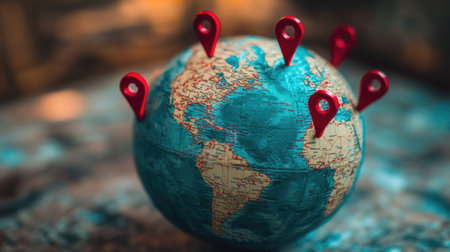 A vibrant globe showcasing a world map topped with striking red location pins. Ideal for themes of travel, mapping, and exploration. Perfect for educational and commercial applications.の素材