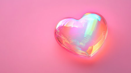 A beautiful heart-shaped bubble reflects a spectrum of colors against a soft pink background, capturing a dreamy and playful essence perfect for various romantic themes.の素材