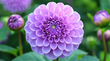 A stunning purple dahlia flower showcasing intricate petal arrangements and vibrant color, perfect for nature lovers and floral photography enthusiasts.の素材