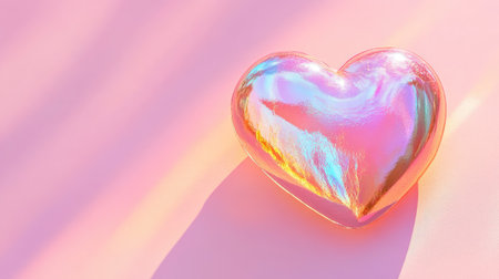 A vibrant, shiny heart-shaped object reflecting iridescent colors on a soft pastel background, perfect for romantic themes, love concepts, and artistic designs.の素材
