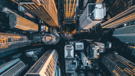 Stunning aerial shot capturing a vibrant urban cityscape at twilight, showcasing towering buildings illuminated by city lights. A perfect blend of architecture and atmosphere.の素材