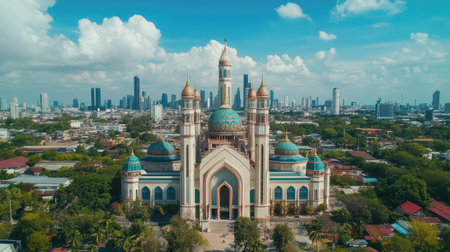 A stunning aerial view of a magnificent mosque showcasing its intricate architecture amidst a bustling urban skyline, reflecting spirituality and cultural heritage.の素材
