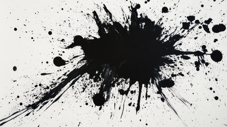 This image features an abstract black paint splash on a white background, creating a striking contrast. Ideal for artistic designs and modern projects.の素材