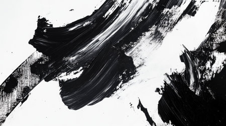 This bold abstract artwork features dynamic black and white brush strokes on canvas, showcasing textured layers and a striking visual contrast. Perfect for modern spaces.の素材