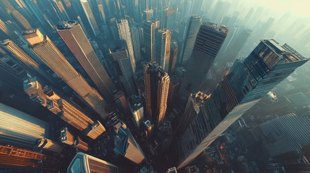Stunning aerial view capturing the intricate skyline of skyscrapers bathed in warm sunlight at sunrise, showcasing modern architecture and urban life.の素材