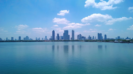 Stunning view of a modern city skyline reflected on calm water under a vibrant blue sky. The composition captures the beauty of urban architecture and serene nature.の素材