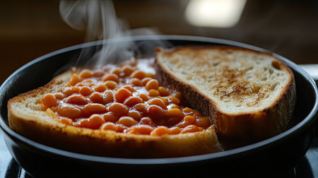 A steaming plate of toast topped with baked beans captures the essence of comfort food in a cozy kitchen. Ideal for food-related content.の素材