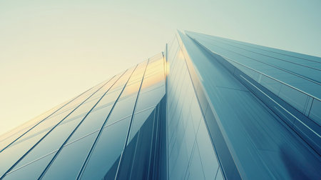 Capture the essence of modern architecture with this stunning image of a sleek skyscraper. The reflective glass facade reaches toward the sky, embodying urban innovation.の素材