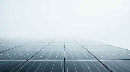 A serene view of solar panels stretching into a misty horizon, highlighting renewable energy technology and its role in modern sustainability efforts.の素材