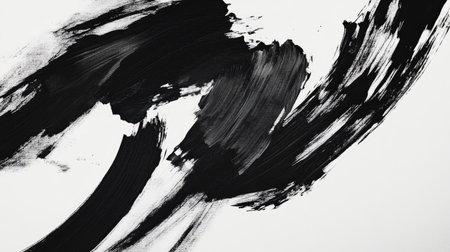 This image features dynamic black brush strokes on a clean white background, creating a striking contrast perfect for artistic designs or modern decor.の素材