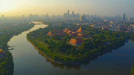 A stunning aerial view capturing a lush green island with a temple surrounded by a winding river amidst a bustling city skyline.の素材