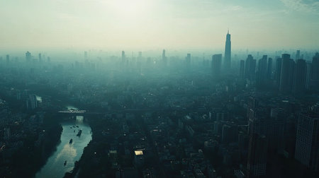 This captivating aerial view showcases a city skyline enveloped in fog, with a serene river flowing through the urban landscape under soft morning light.の素材