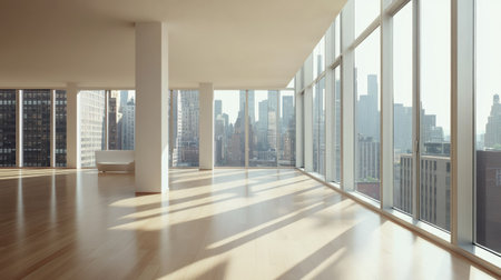 Bright and spacious apartment featuring large glass windows that showcase a stunning urban skyline. Perfect for modern living and interior design inspiration.の素材