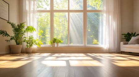 A serene living room features abundant sunlight streaming through large windows, highlighting wooden floors and decorative plants, creating a peaceful atmosphere.の素材