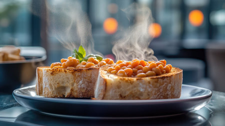 Enjoy the warm, inviting textures of freshly cooked beans atop crispy toast, served in a modern restaurant setting with aromatic steam wafting up.の素材