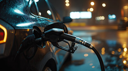 A close-up view of a fuel nozzle inserted into a car tank at night, with rain droplets on the vehicle surface reflecting city lights, showcasing urban transportation.の素材