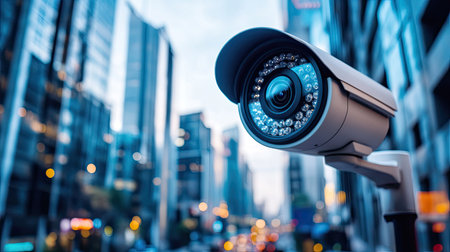 This image showcases a modern security camera positioned in an urban setting, capturing the vibrant city life during dusk, emphasizing safety and technology.の素材