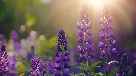 Beautiful display of purple lupin flowers basking in sunlight, capturing the essence of nature's beauty in a serene garden setting. Perfect for floral themes.の素材