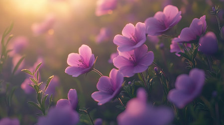 A serene image of soft purple flowers blooming in a sunlit meadow during dusk, capturing the delicate beauty and tranquility of nature's garden.の素材
