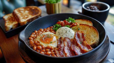 A mouthwatering English breakfast featuring eggs, crispy bacon, baked beans, and toasted bread, perfect for a cozy morning meal with friends.の素材