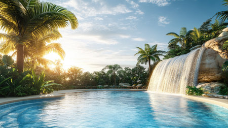 This stunning image showcases a tropical pool with a beautiful waterfall, surrounded by lush greenery, palm trees, and a serene sunset sky, perfect for relaxation.の素材