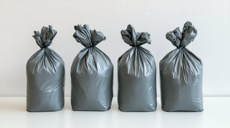 A set of four gray garbage bags tied neatly, placed on a white surface, ideal for illustrating waste management, cleaning, or organization concepts in various settings.の素材