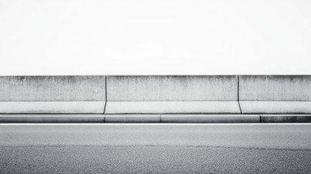 This image showcases a minimalist urban landscape with a concrete barrier beside an empty road, highlighting simplicity and tranquility in design.の素材