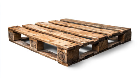 A sturdy wooden pallet shown on a clean white background, ideal for storage and transport. This versatile pallet serves various industrial and DIY applications.の素材