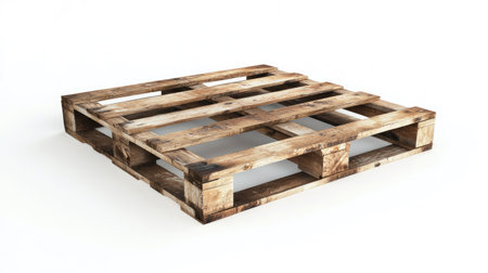 A wooden pallet ideal for transportation and storage showcased on a clean white background. Perfect for logistics, shipping, and industrial applications.の素材