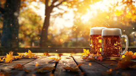 Two frosty beer mugs sit on a wooden table, surrounded by vibrant autumn leaves under warm sunlight, evoking a sense of coziness and celebration in nature.の素材