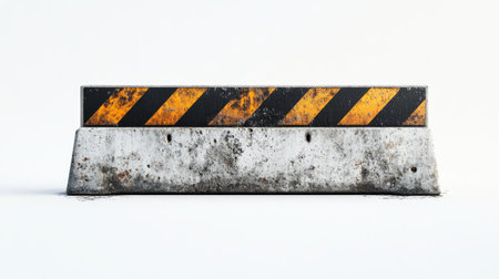 A concrete industrial barrier features bold black and yellow stripes, designed for construction zones. This image highlights safety and caution in urban settings.の素材