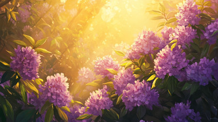 A picturesque scene showcasing vibrant purple flowers illuminated by warm sunlight in a tranquil garden, creating a serene atmosphere filled with natural beauty.の素材