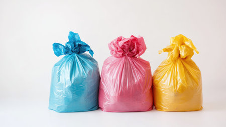 Three vibrant plastic garbage bags in blue, pink, and yellow stand against a plain background. Perfect for waste collection, management, and recycling promotion.の素材