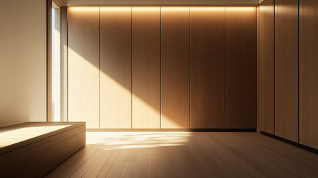 This image captures a bright modern interior featuring wooden paneling and soft sunlight creating an inviting atmosphere. Ideal for design inspiration.の素材