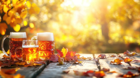 Three glasses of beer sit on a rustic wooden table surrounded by autumn leaves. The warm sunlight filters through, creating a vibrant, inviting atmosphere perfect for gathering and relaxation.の素材