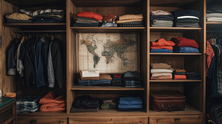 A cozy wooden closet featuring neatly organized clothing items and a world map. This inviting space exudes warmth and showcases tidy storage solutions for a stylish lifestyle.の素材