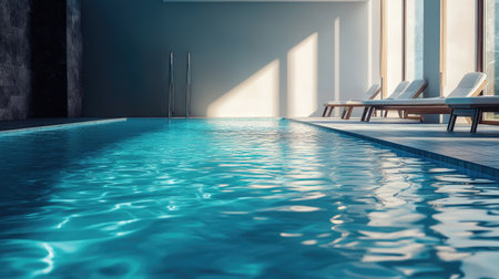 This image showcases a serene indoor pool illuminated by natural light, highlighting its tranquil water and modern lounge chairs. Perfect for wellness themes.の素材