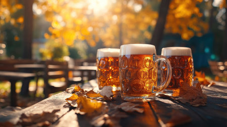 Enjoy a warm, inviting scene of beer mugs resting on a wooden table, surrounded by vibrant autumn leaves and dappled sunlight, perfect for gatherings.の素材