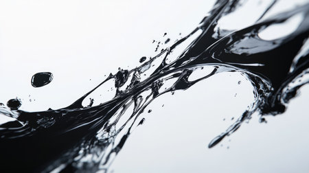An abstract depiction of black liquid creating dynamic motion on a light background. This captivating image highlights fluidity and elegance, ideal for creative projects.の素材