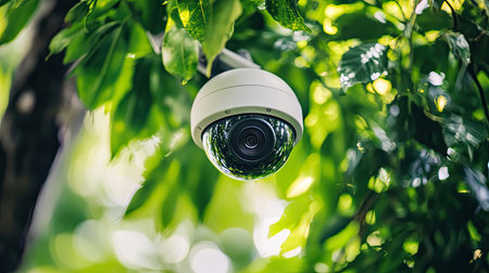 A surveillance camera is strategically positioned among vibrant foliage, blending technology with nature. Ideal for security, monitoring, and environmental safety.の素材