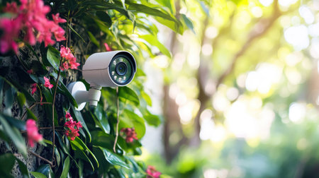 A modern surveillance camera is positioned amidst vibrant flowers and lush greenery, offering a blend of security technology and natural beauty in an outdoor environment.の素材