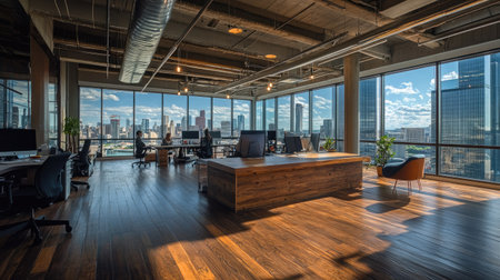 A spacious modern office interior featuring a large wooden desk, ergonomic chairs, and expansive windows revealing a vibrant city skyline.の素材