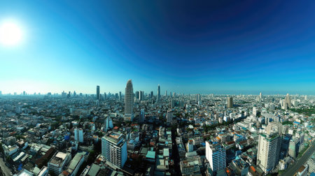 A stunning panoramic view of a vibrant cityscape showcasing modern towers under a clear blue sky. The image captures urban life and architecture.の素材