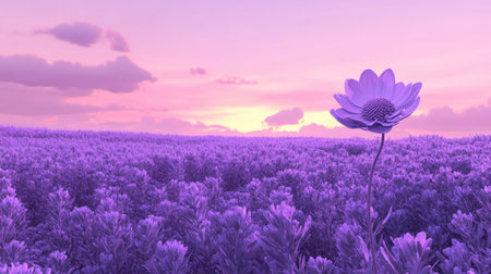 A stunning purple flower stands tall in a vibrant lavender field during sunset. The sky is adorned with soft clouds, creating a serene and picturesque scene.の素材