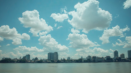 A stunning urban skyline sits against a backdrop of vibrant clouds and a calm river. The scene captures the essence of city life and natural beauty.の素材