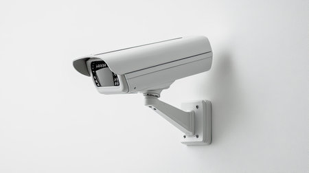 A sleek security camera mounted on a white wall showcases modern surveillance technology, enhancing safety and monitoring in various environments.の素材