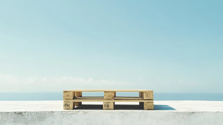 A rustic wooden pallet is placed in an empty outdoor space, beautifully framed by a clear blue sky and ocean horizon, evoking tranquility and minimalism.の素材