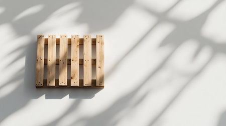 A wooden palette rests against a light wall, casting intricate shadows from sunlight. The minimalistic design highlights warmth and natural beauty.の素材