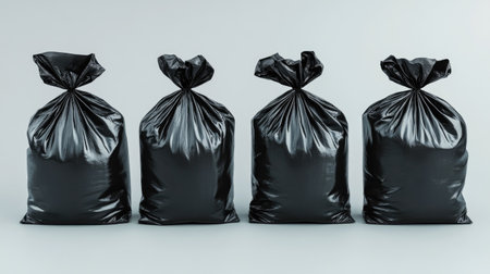 A set of four black trash bags neatly arranged on a light background. Ideal for illustrating waste management, sanitation, and environmental themes.の素材